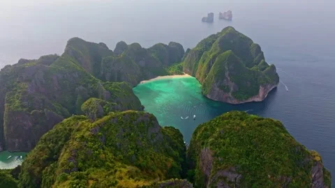 Aerial panorama of famous Phi Phi Lee island with beaches and sea Stock Footage 303358936