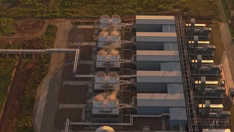 Aerial panorama of Google data center at evening sunset Stock Footage 318620293