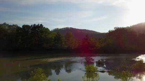 Aerial panorama of the green forest and river near mountains. Altai, Siberia Stock Footage