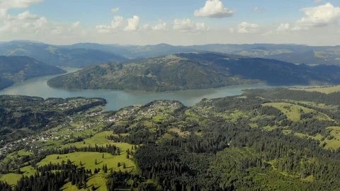 Aerial panorama of Izvorul Muntelui lake 4K Stock Footage