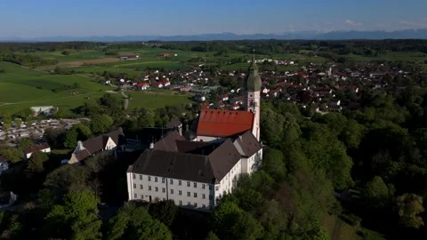 Aerial panorama of Kloster Andechs on the Holy Mountain, Upper Bavaria. Famous Stock Footage 317194635