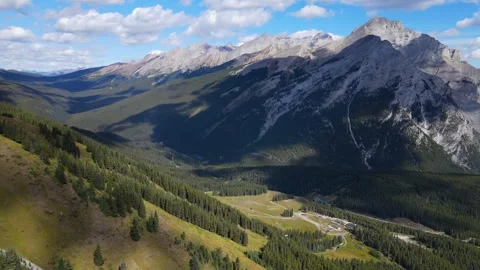 Aerial Panorama of Mountain Range, Forest, and Road in Calgary, Canada Stock Footage 257783380