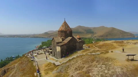 Aerial panorama of old beautiful Sevanavank monastery complex in Armenia, tour Stock Footage 85773734