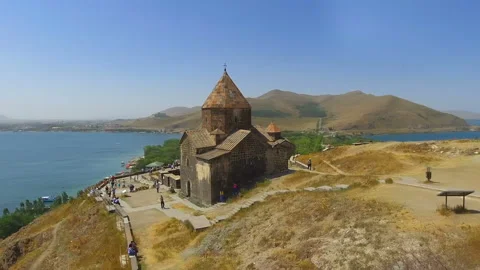 Aerial panorama of old beautiful Sevanavank monastery complex in Armenia, tour Stock Footage 85844280