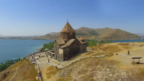 Aerial panorama of old beautiful Sevanavank monastery complex in Armenia, tour Stock Footage 85867367