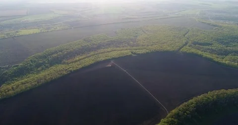 Aerial panorama over patchwork landscape farms fields Stock Footage 85249473
