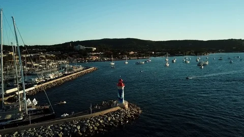 Aerial panorama Port of St Tropez Tower Stock Footage