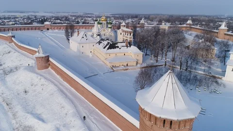 Aerial panorama of the Savior Euthymius monastery in Suzdal in snowy winter Stock Footage 101092909