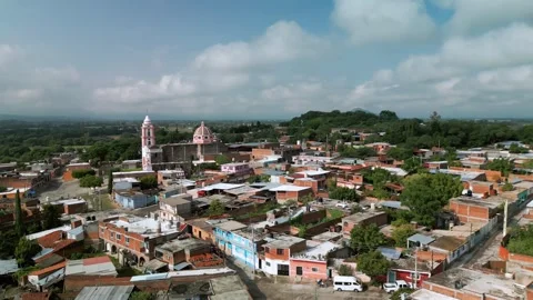 Aerial panorama of a small town surrounded by farmland in Mexico Stock Footage 342089209