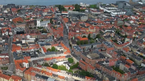 Aerial panorama view around the old town Aalborg Видео 305214724