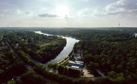 Aerial panorama view on the Griebnitzsee on a summer day Stock Photos