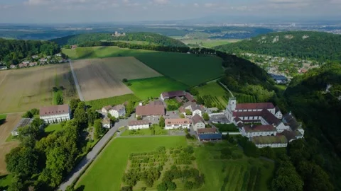 Aerial panorama view of the monastery Metzerlen-Mariastein  Stock Footage 162033153