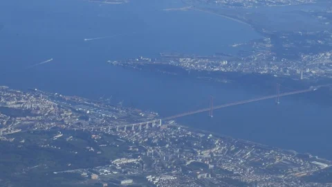 Aerial panorama view over the 25 de Abril Bridge. The bridge is connecting the Video stock 102870809