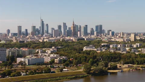 Aerial panorama of Warsaw city. Drone time-lapse cityscape downtown skyscrapers Stock Footage 318158366