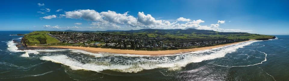 Aerial Panorama of Werri Beach and New South Wales Coastline Australia Stock Photos