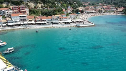 Aerial panoramic cityscape view over Parga coastal city in Epirus, Greece Stock Footage 152834699