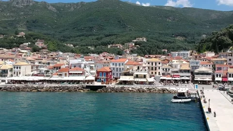 Aerial panoramic cityscape view over Parga coastal city in Epirus, Greece Stock Footage 152834872