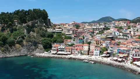 Aerial panoramic cityscape view over Parga coastal city in Epirus, Greece Stock Footage 152838308