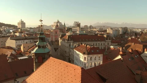 Aerial panoramic done view of city hall of Ljubljana, capital of Slovenia, at Stock Footage 128158367