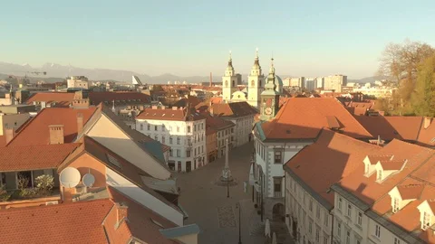 Aerial panoramic done view of city hall of Ljubljana, capital of Slovenia, at Stock Footage 128379680