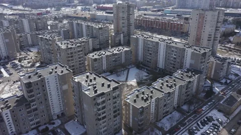 Aerial Panoramic of Downtown Soviet High-Rise Buildings in Vilnius Stock Footage 150195337