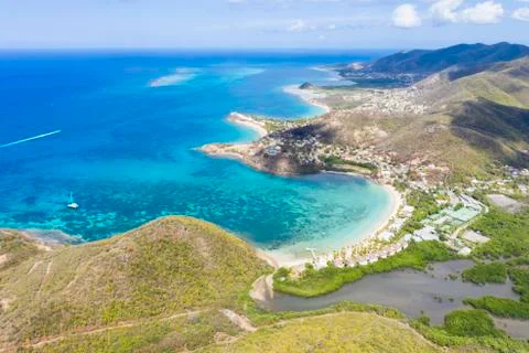 Aerial panoramic by drone of Carlisle Bay Beach and Caribbean Sea, Antigua, Stock Photos