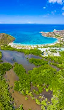 Aerial panoramic by drone of Carlisle Bay Beach, Antigua, Leeward Islands, West Stock Photos