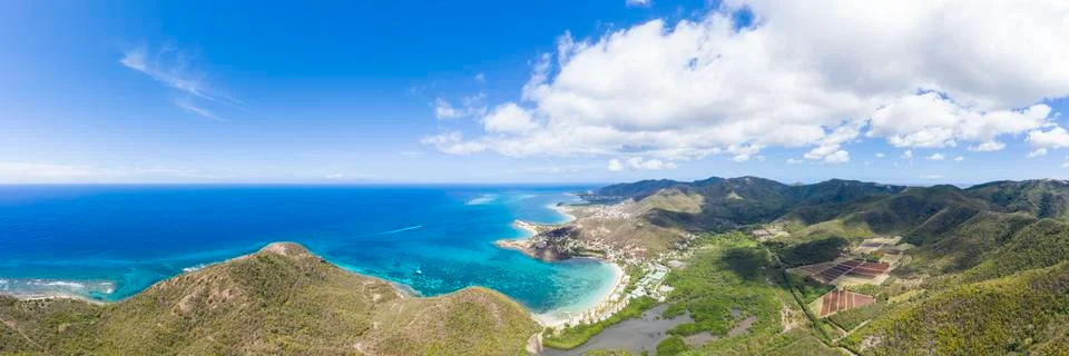Aerial panoramic by drone of Carlisle Bay Beach, Old Road Village and Pinefield Stock Photos