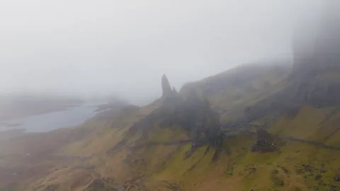 Aerial panoramic drone footage of the Old Man of Storr, Isle of Skye, Scotland Stock Footage 334591912