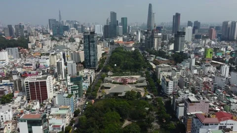 Aerial panoramic drone shot of Saigon District 1 neighborhood, Vietnam 4K Stock Footage 228024227