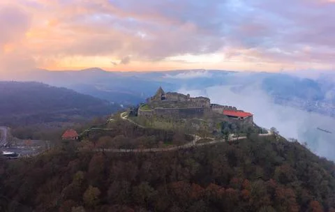 Aerial panoramic drone view of the beautiful high castle of Visegrad Stock Photos