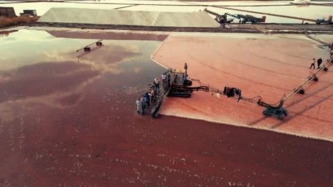 Aerial panoramic drone view of Burgas salt pans townscape at sunse.Saltworks ind 스톡 동영상 230458410