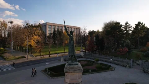 Aerial panoramic drone view of central park with statue of Stefan cel Mare Stock Footage 254390652