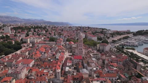 Aerial panoramic drone view of Croatian city of Split and Cathedral of Saint Video stock 242878000
