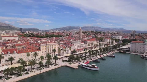 Aerial panoramic drone view of Croatian city of Split and Cathedral of Saint Stock Footage 242878017