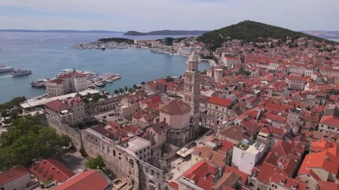 Aerial panoramic drone view of Croatian city of Split and Cathedral of Saint Stock Footage 242878182