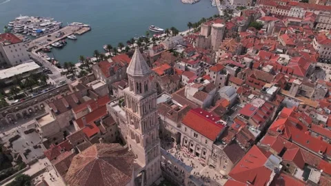 Aerial panoramic drone view of Croatian city of Split and Cathedral of Saint Video stock 242878288