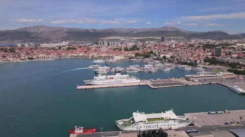 Aerial panoramic drone view of Croatian city of Split and Cathedral of Saint Stock Footage 242878335