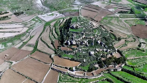 Aerial panoramic drone view of Mediterranean hillside terraces in Gozo Malta Stock Footage 331106659