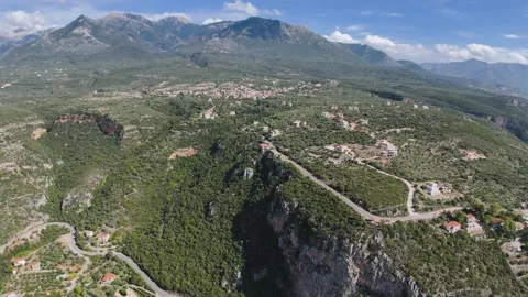 Aerial Panoramic Drone View of Mountain Village Above Deep Ravine Stock-Footage 331083687