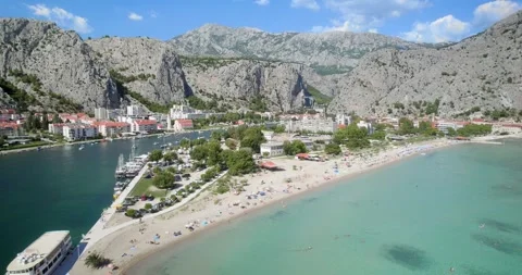Aerial panoramic drone view over Adriatic Sea and Cetina River, Omis, Croatia Stock Footage 300251493