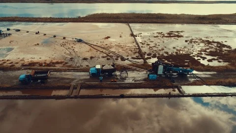 Aerial panoramic drone view of Pomorie salt pans townscape at sunse. Видео 119720826