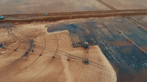 Aerial panoramic drone view of Pomorie salt pans townscape at sunse. 库存影片 119721452