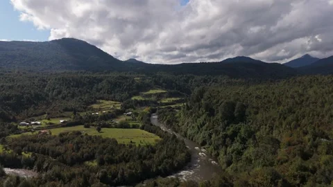 Aerial Panoramic Flight Over Forest Valley with Centered River in Mountains Lenc Stock Footage 325327823