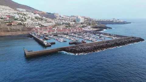 Aerial Panoramic Flight over Los Gigantes Marina at Sunset, Tenerife, 4K Stock Footage 314735378