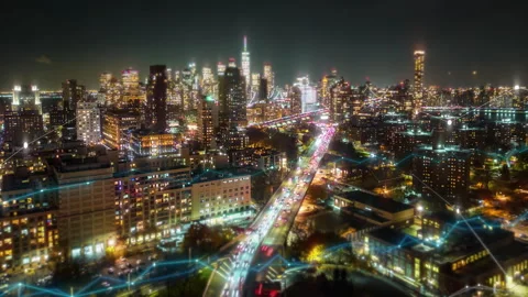 Aerial panoramic hyper lapse footage of night metropolis. Heavy traffic on Stock Footage 242579101