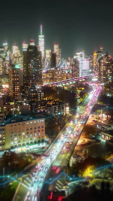 Aerial panoramic hyper lapse footage of night metropolis. Heavy traffic on Stock Footage 323711784