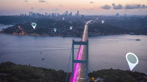 Aerial panoramic hyper lapse shot of Large cable-stayed bridge over Bosporus at Stock Footage 197048083