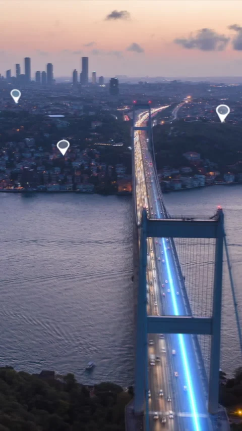 Aerial panoramic hyper lapse shot of Large cable-stayed bridge over Bosporus at Stock Footage 323710842