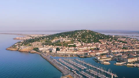 Aerial panoramic of Mont Saint Clair, and the port of Sète, in Occitanie, France Stock Footage 242351284
